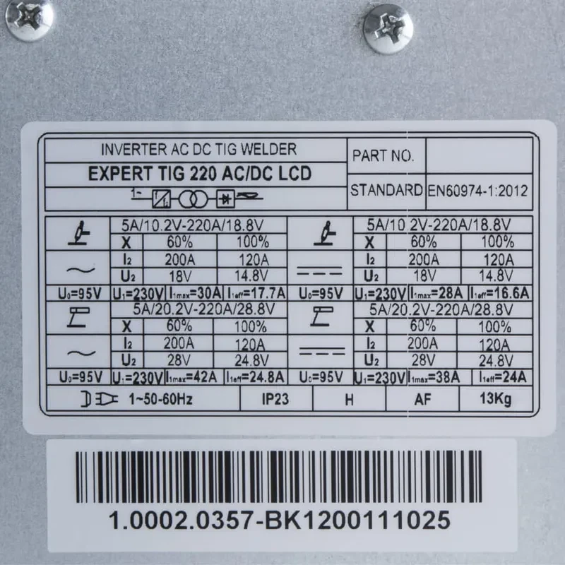 Typenschild und technische Daten des IDEAL Expert TIG 220 AC/DC Puls LCD