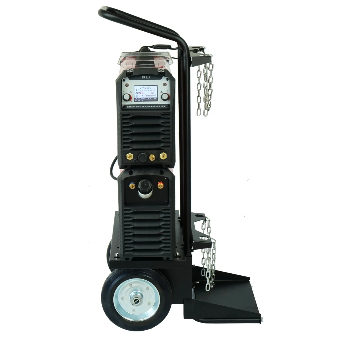 Rückansicht des IDEAL Expert TIG 220 AC/DC Pulse W LCD mit Fahrgestell