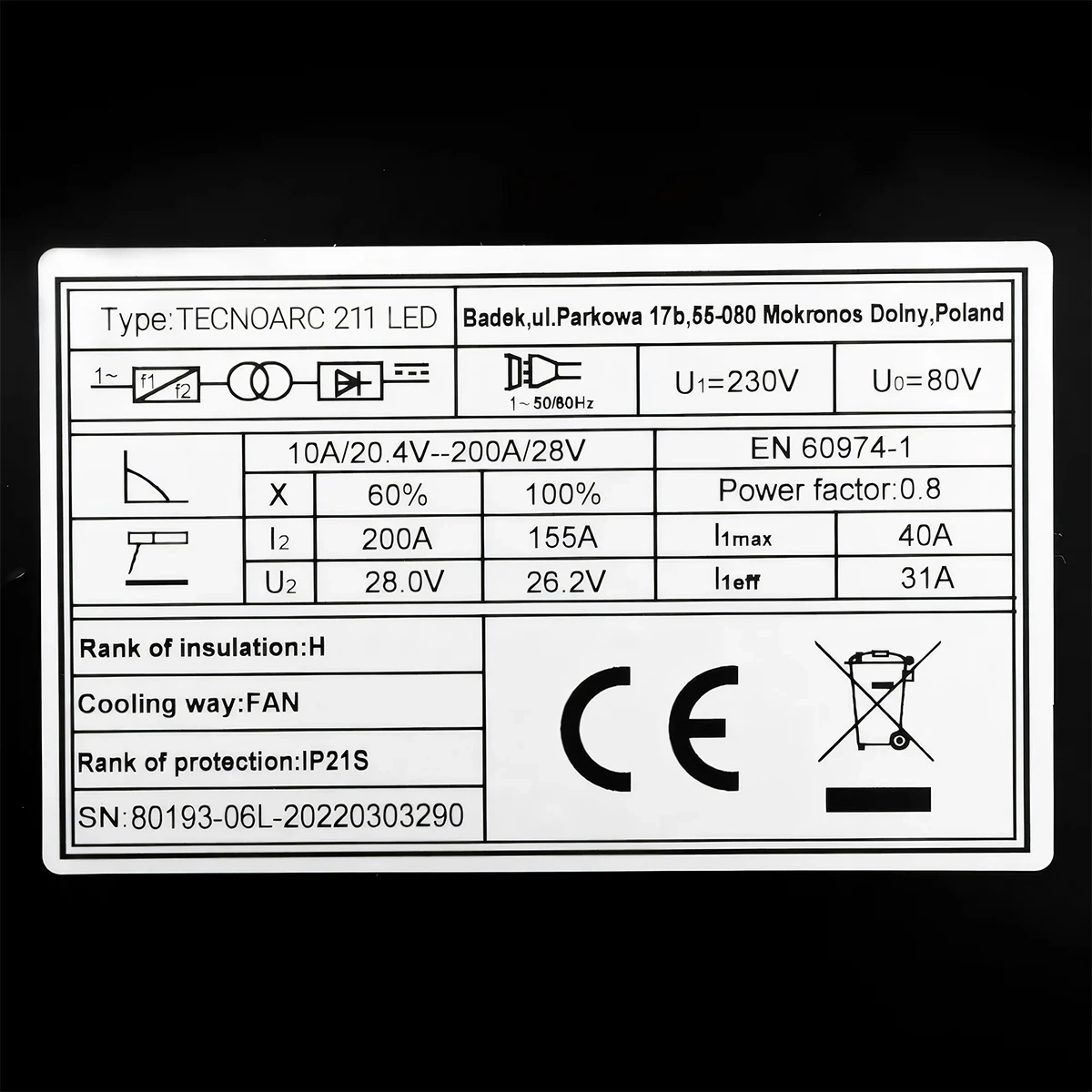 Ideal TECNO ARC 211 LED - Typenschild
