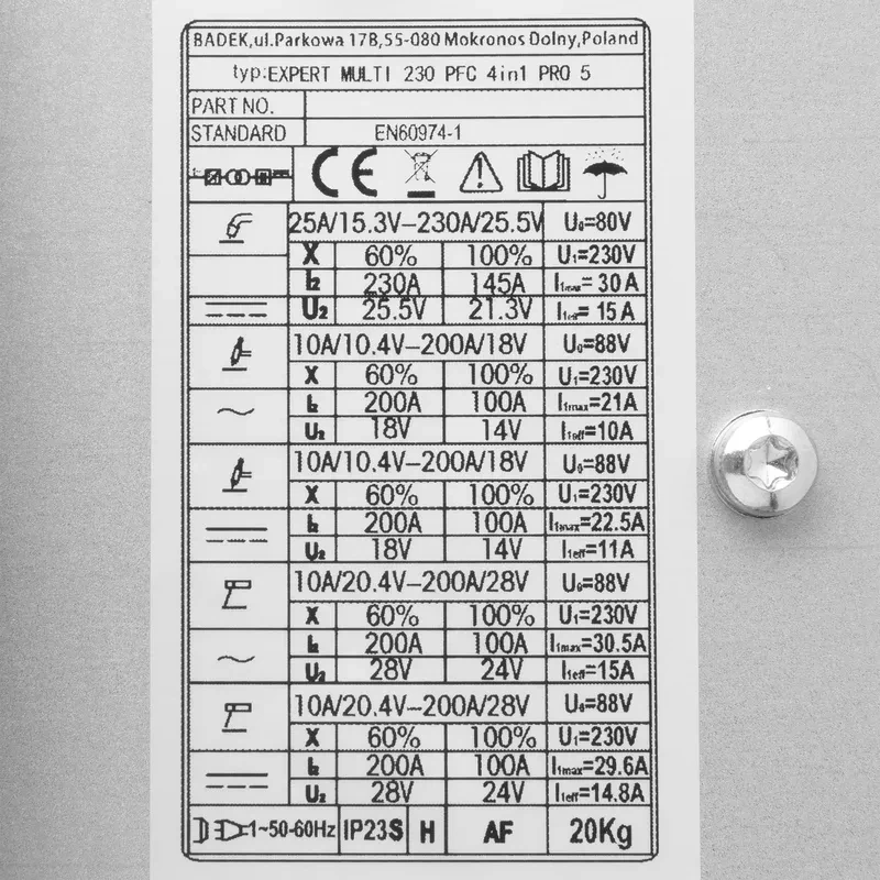 Ideal EXPERT MULTI 230 PFC Pro5 4in1 Multiprozess-Schweissgeraet - Typenschild