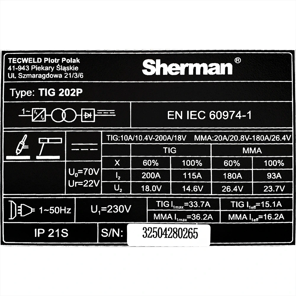 Sherman TIG 202 P DC WIG / MMA - Technische Daten