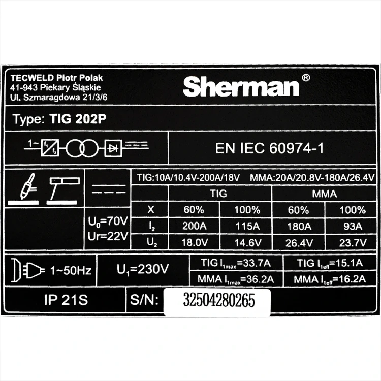Sherman TIG 202 P DC WIG / MMA - Technische Daten
