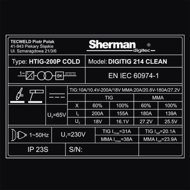 Sherman DIGITIG 214 CLEAN WIG DC - Technische Daten