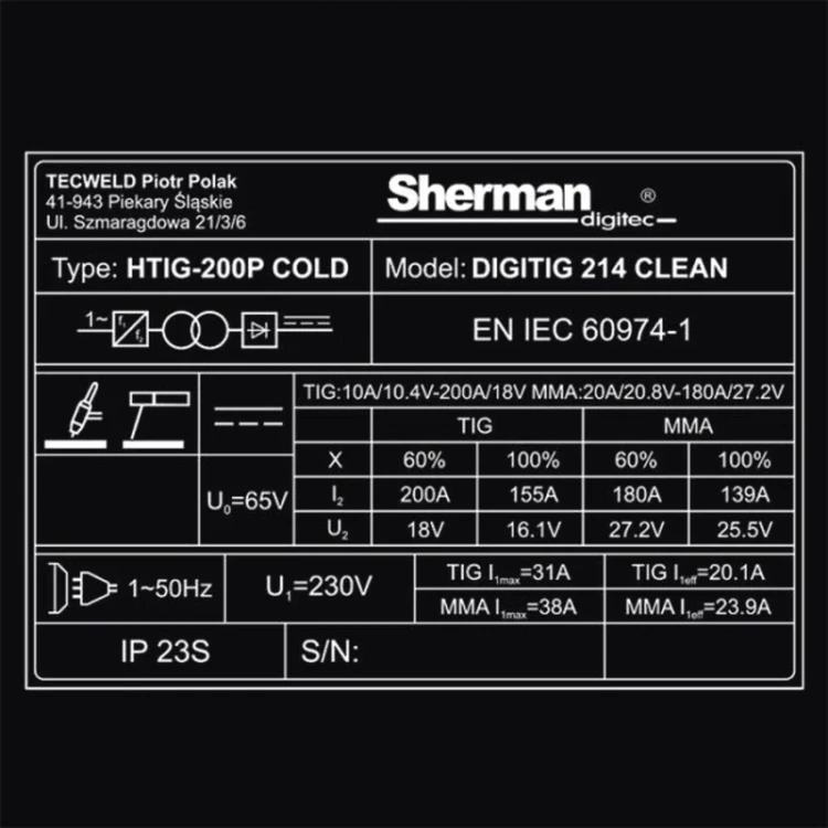 Sherman DIGITIG 214 CLEAN WIG DC - Technische Daten