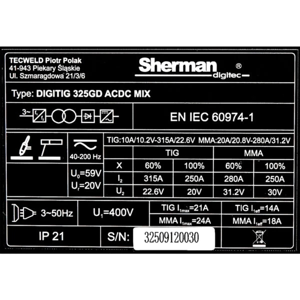 Sherman DIGITIG 325 GD AC/DC - Technische Daten