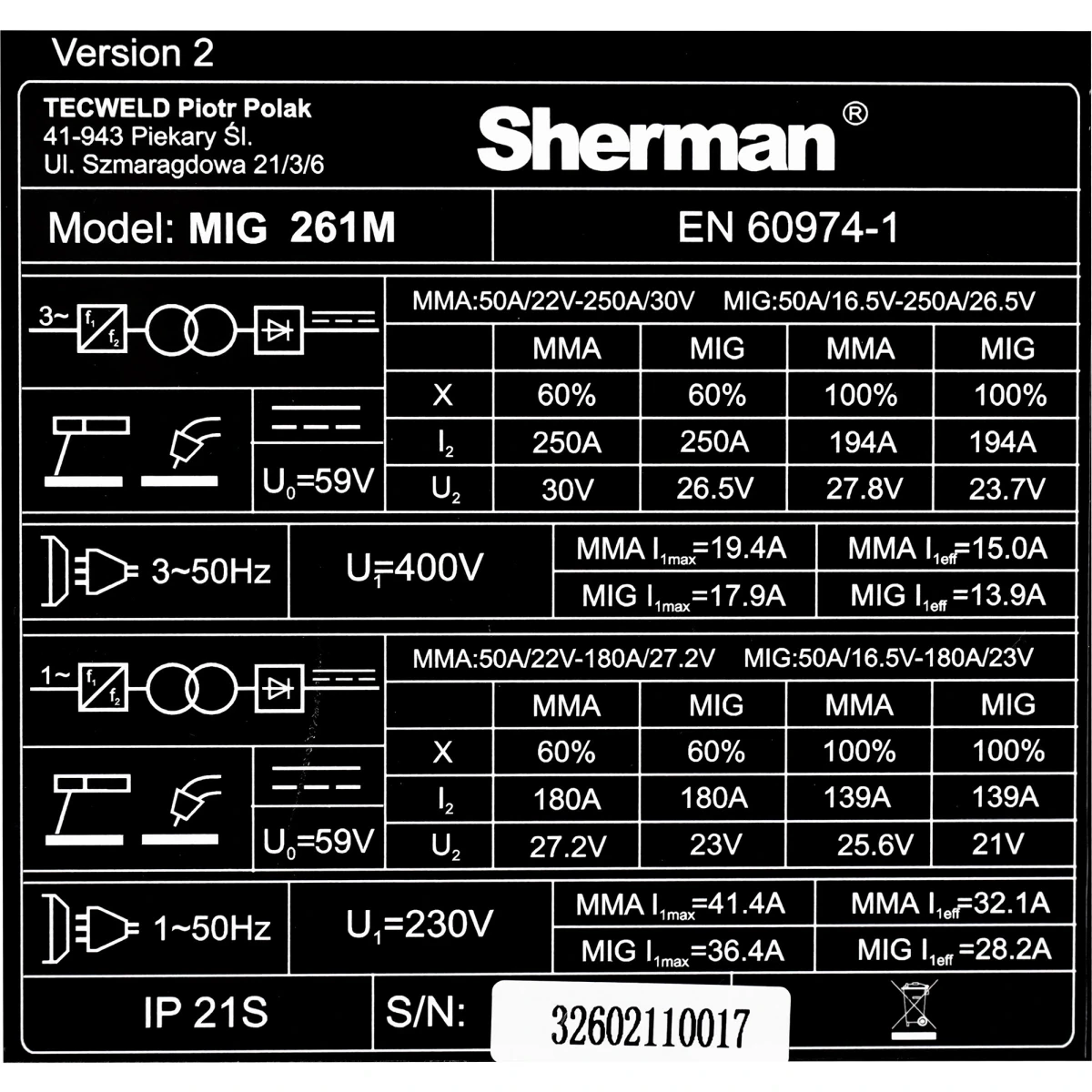 Sherman MIG 261 M 4R MIG/MAG - Typenschild