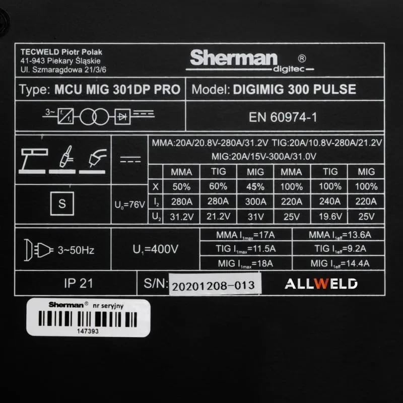 Sherman DIGIMIG 300 Pulse Synergic - Technische Daten