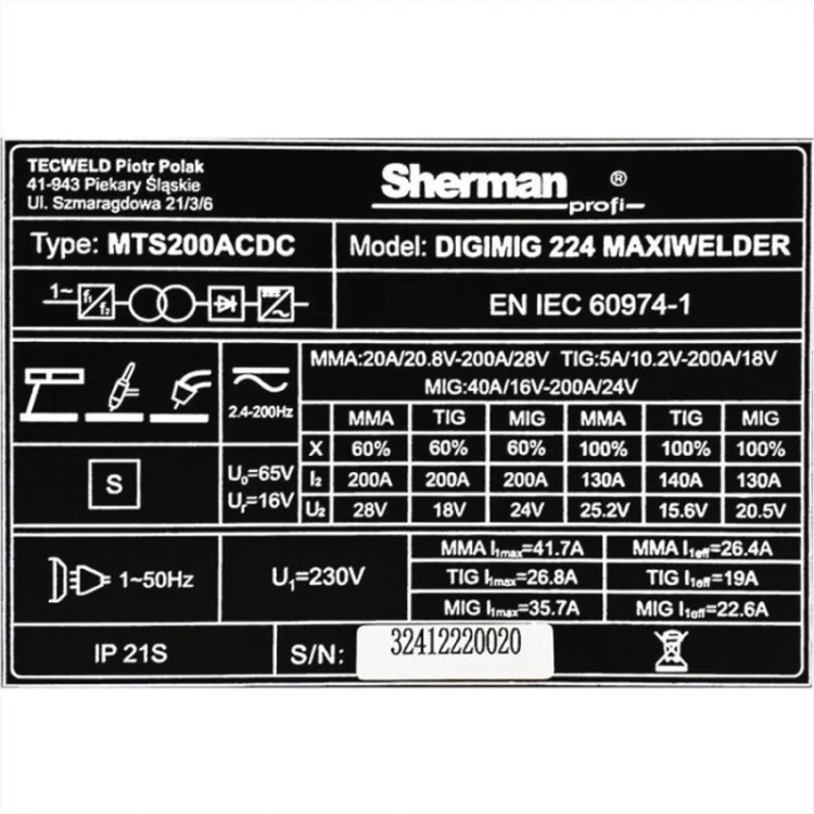 Sherman DIGIMIG 224 Maxiwelder 4-in-1 - Typenschild