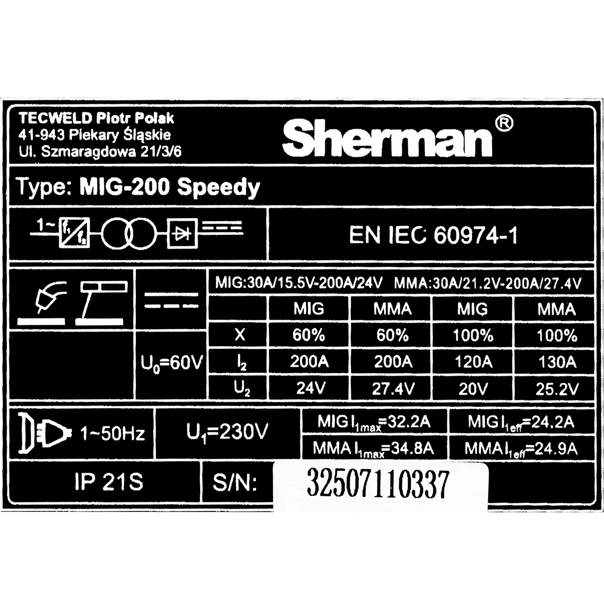 Sherman MIG 200 Speedy MIG/MAG - Typenschild