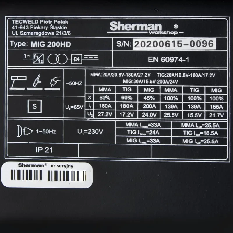 Sherman MIG 200 HD MIG/MAG - Typenschild