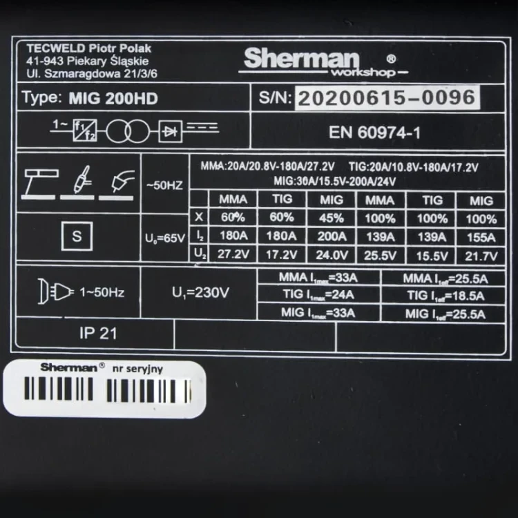 Sherman MIG 200 HD MIG/MAG - Typenschild