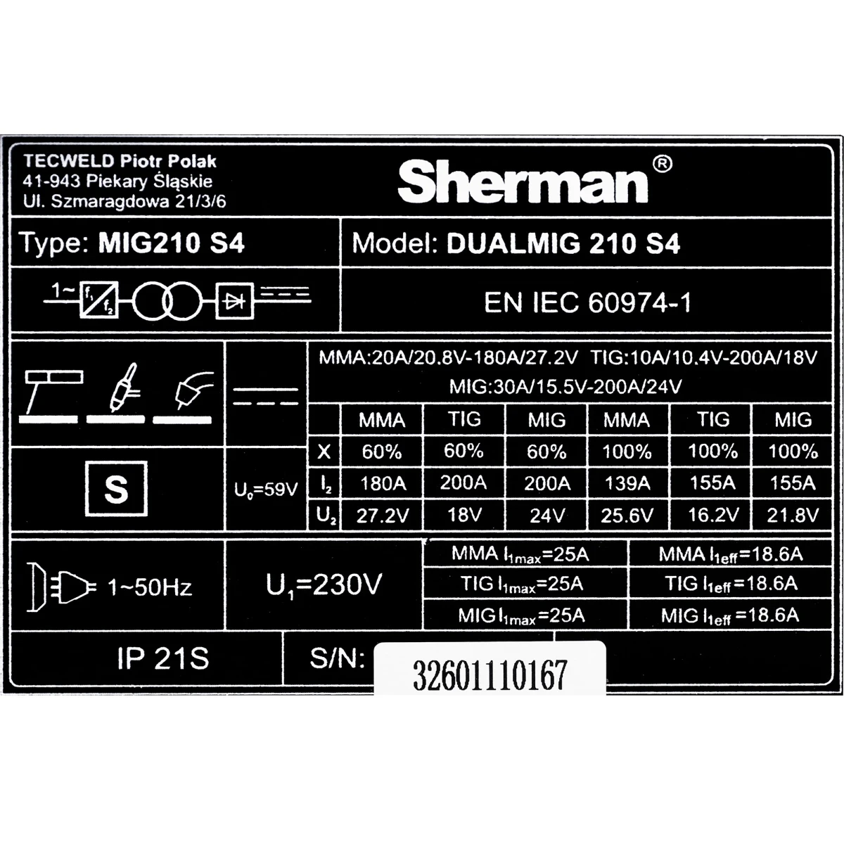 Sherman Dualmig 210 S4 MIG/MAG - Typenschild