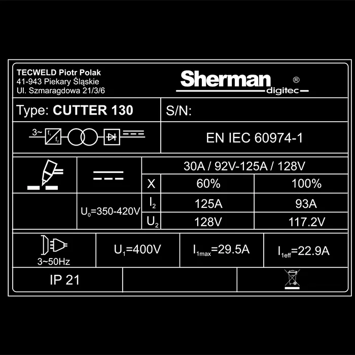 Sherman Cutter 130 HF Plasmaschneider - Typenschild