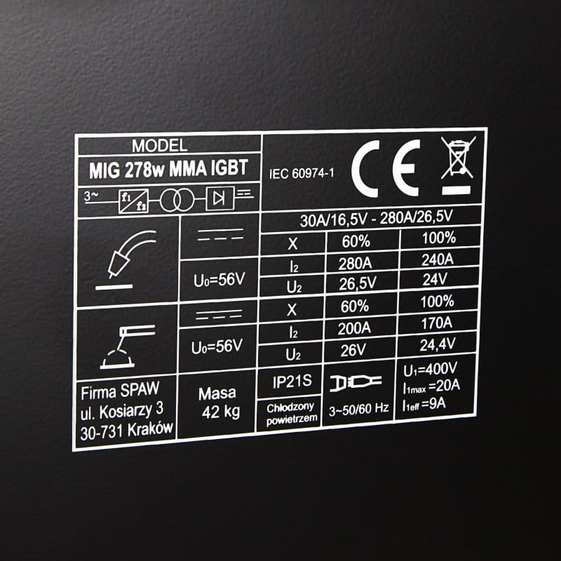Magnum MIG 278 MMA IGBT - Technische Daten