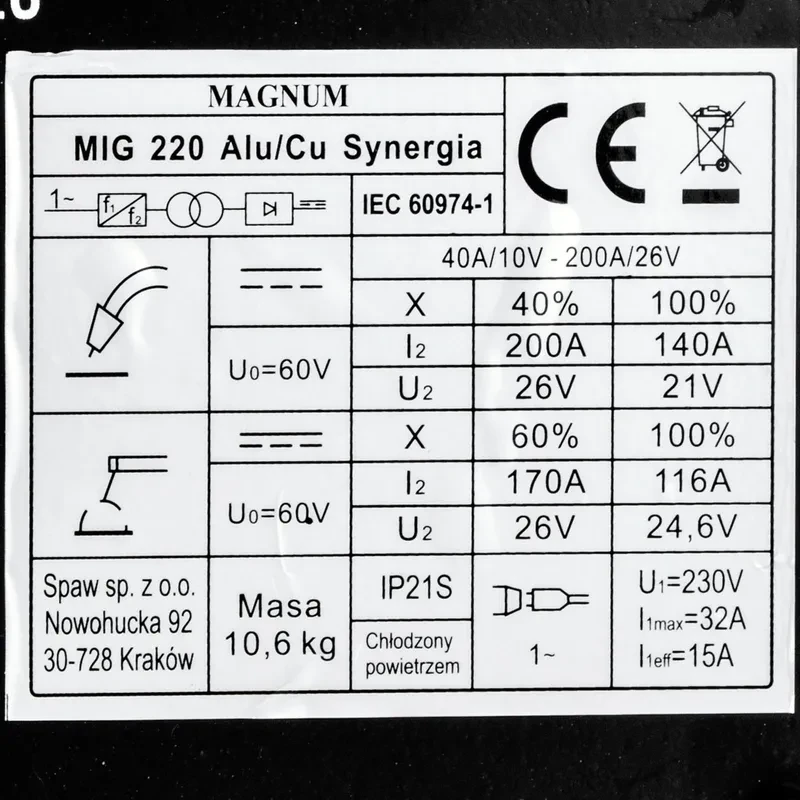 Magnum MIG 220 Alu/Cu Synergia - Technische Daten