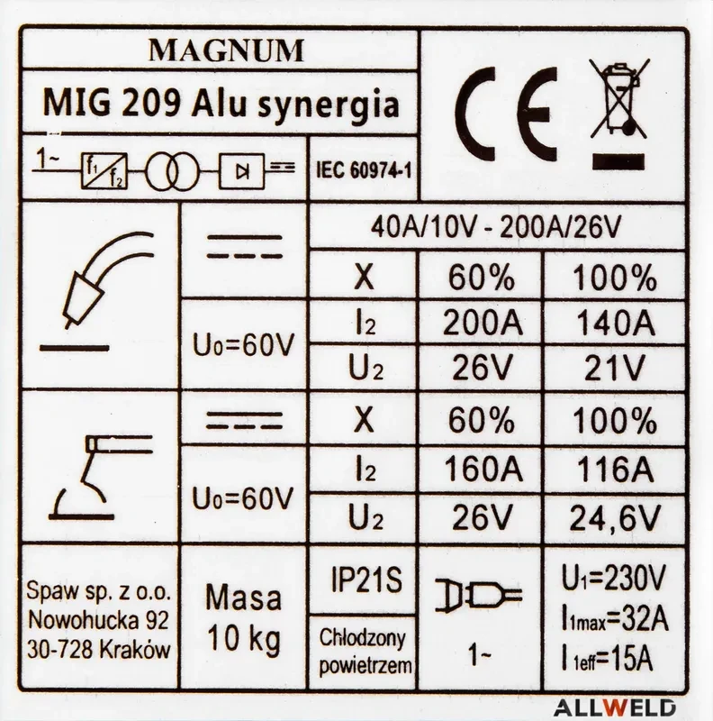 MAGNUM MIG 209 ALU SYNERGIA - Technische Daten