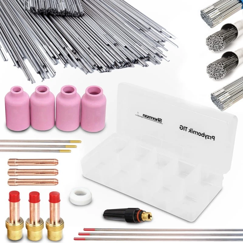 WIG AC DC Zubehör Set für Aluminium und Edelstahl mit Gaslinsen Wolframelektroden und Schweißdraht
