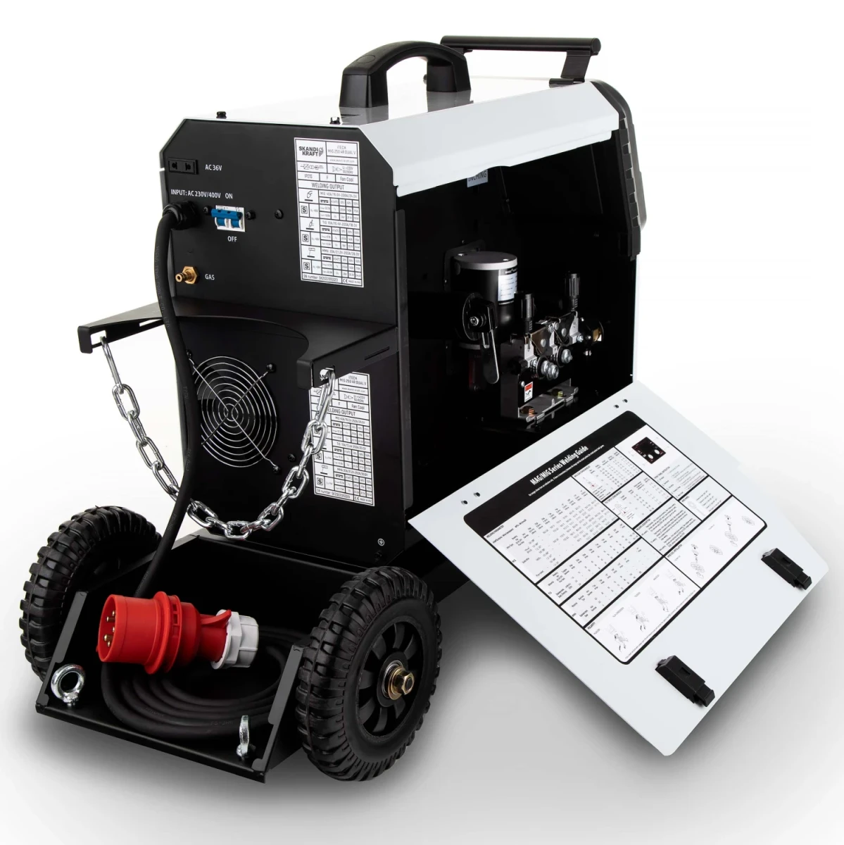 Geöffnetes Seitenfach des SKANDI KRAFT iTECH MIG 250 4R DUAL V