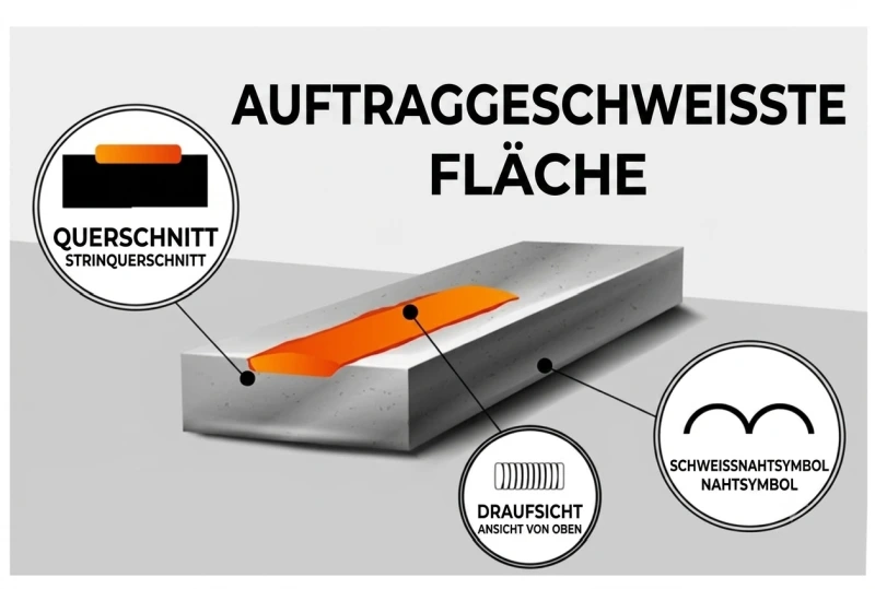 Auftragsgeschweißte Fläche mit Querschnitt, Draufsicht und Schweißnahtsymbol