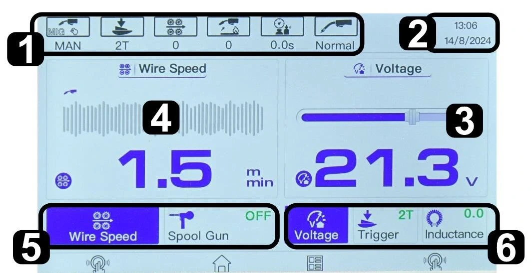 Bedienfeld des Schweißgeräts EXPERT MIG 550W mit 7-Zoll-LCD-Touchscreen zur Anzeige der Synergiesparameter