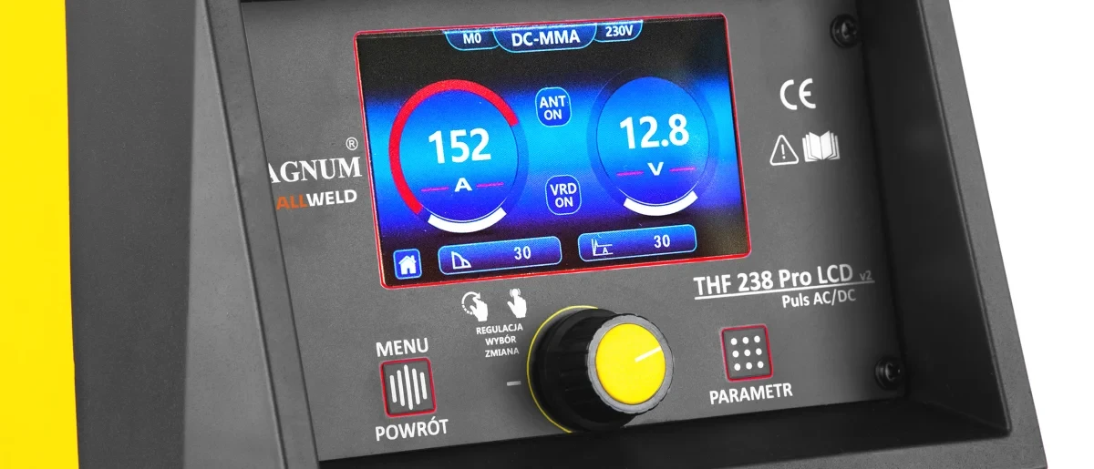 LCD Bedienpanel einer WIG AC DC Inverter Schweißmaschine mit digitaler Parameteranzeige und Einstellrad