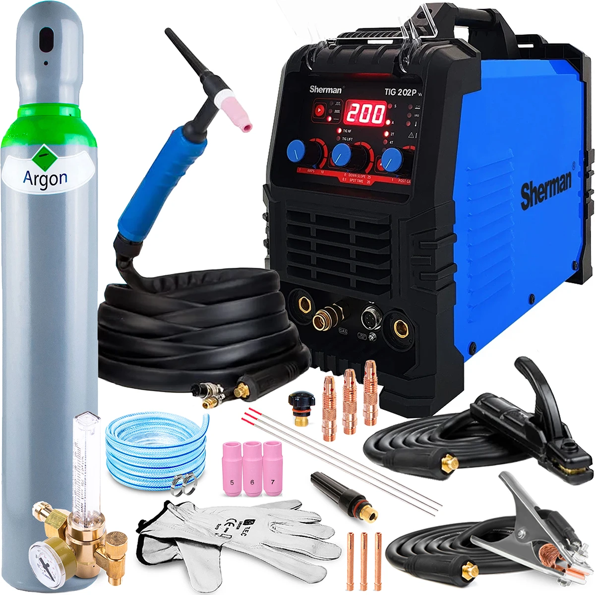 Sherman TIG 202 P Inverter Schweißgerät Frontansicht technische Darstellung TIG MMA 200A HF Zündung