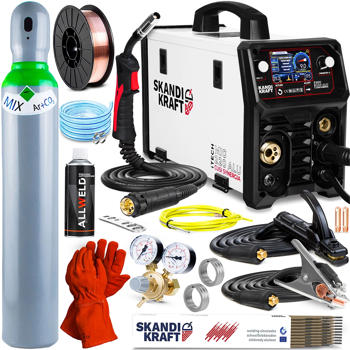 SKANDI KRAFT iTECH MIG 220 Alu CuSi Synergia Schweißgerät mit digitalem LCD Bedienpanel